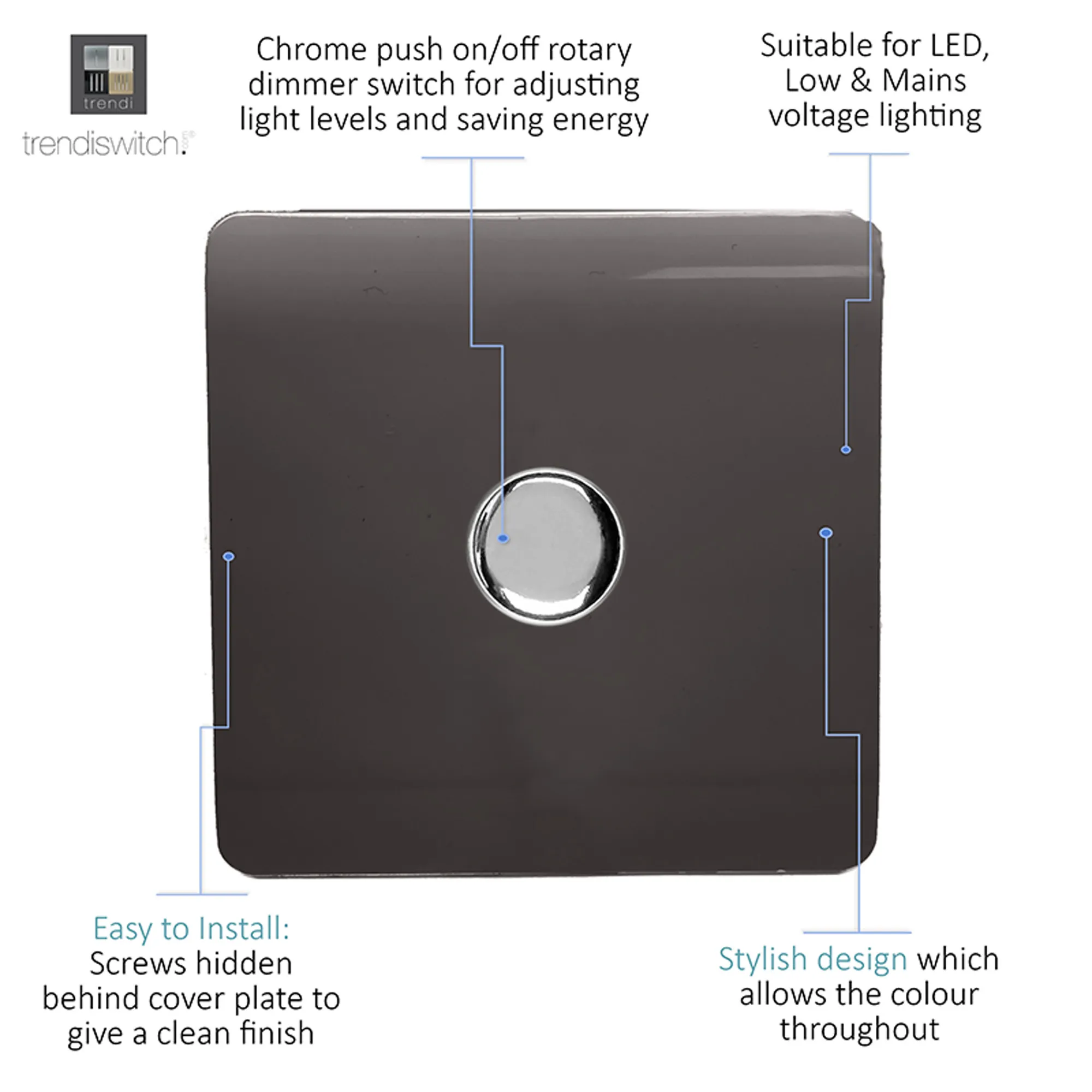 1 Gang 1 Way LED Dimmer Switch Dark Brown ART-LDMDB  Trendi Dark Brown